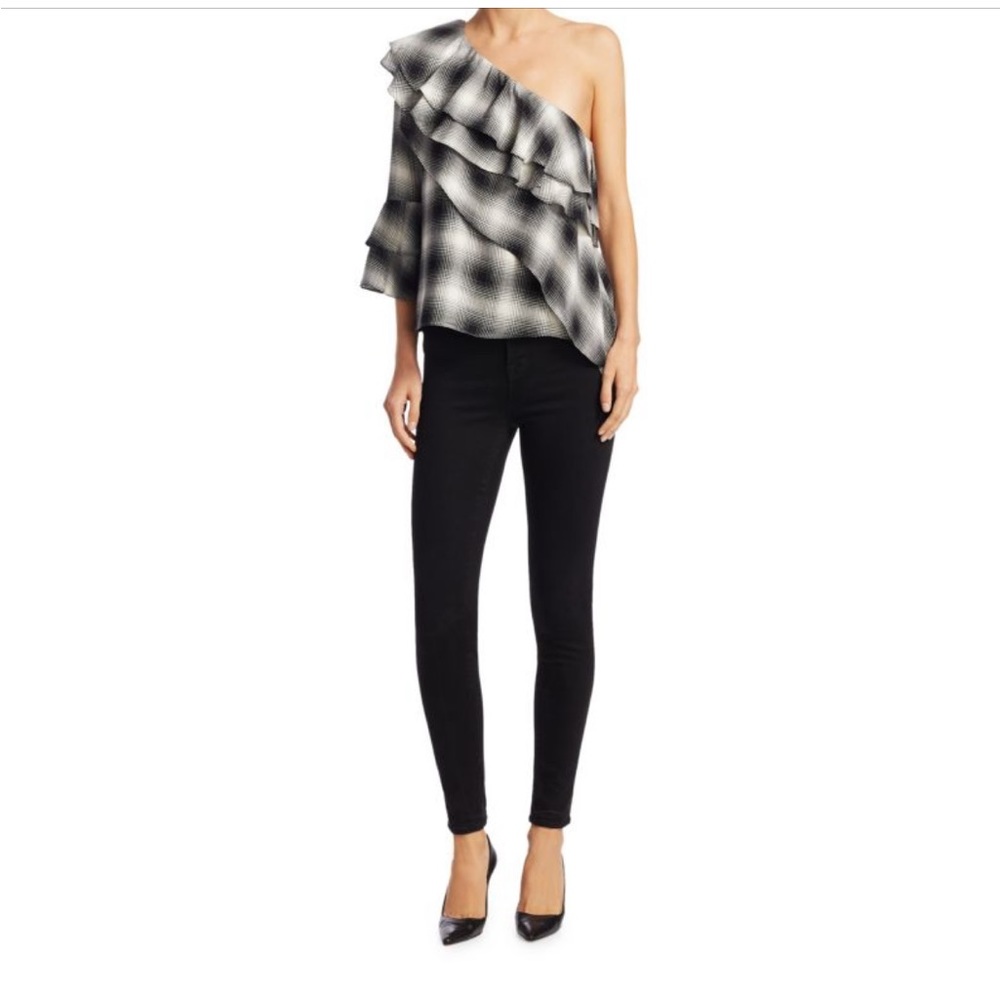 Hilaria One-Shoulder Bell-Sleeve Tiered Ruffled Asymmetric Plaid Top siz…